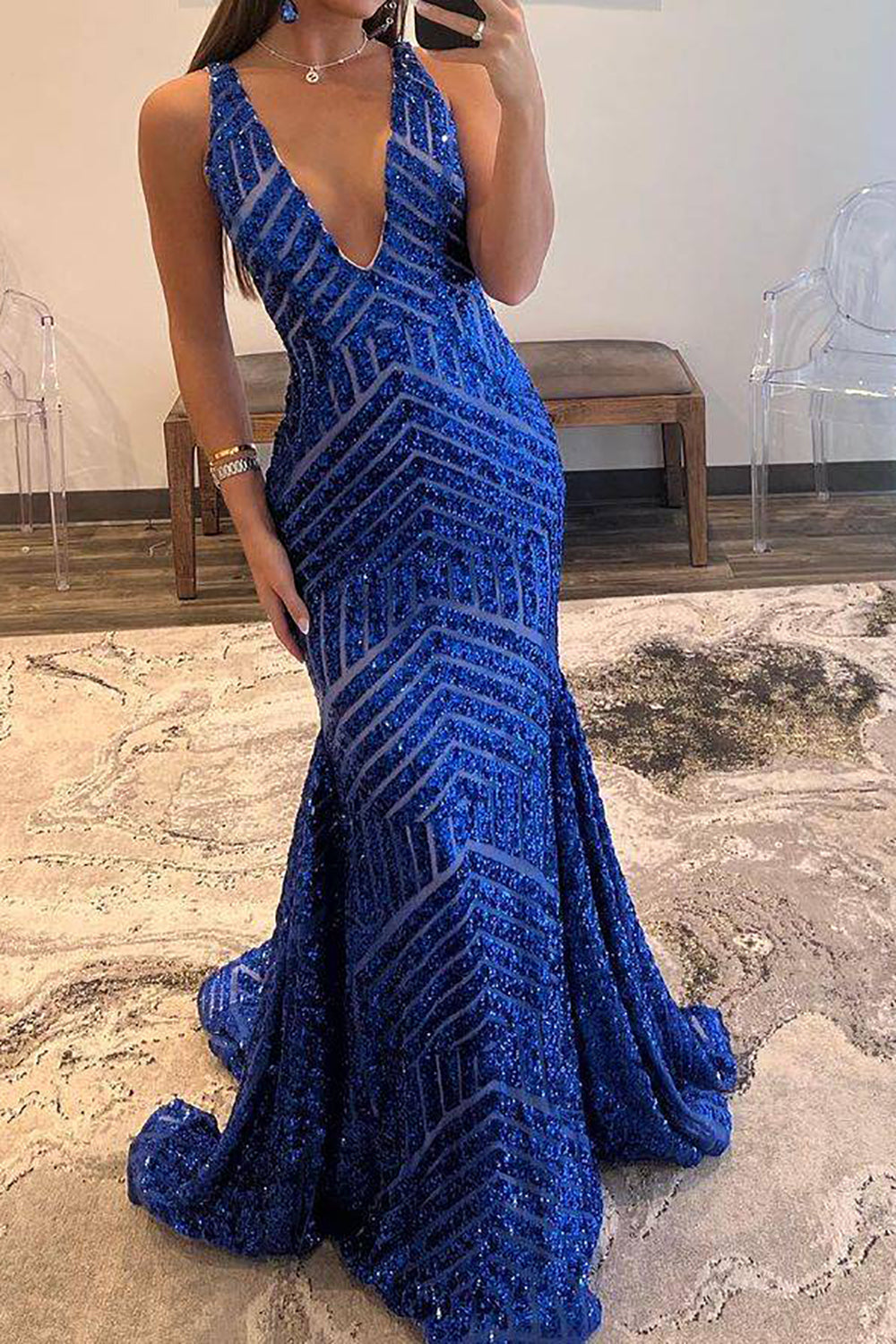 Hot Selling Mermaid Deep V Neck Royal Blue Sequins Long Prom Dress