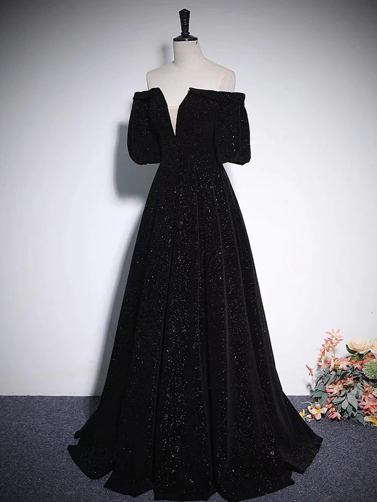 Buyishang A-Line V Neck Velvet Black Long Prom Dress Black Formal Evening Dress
