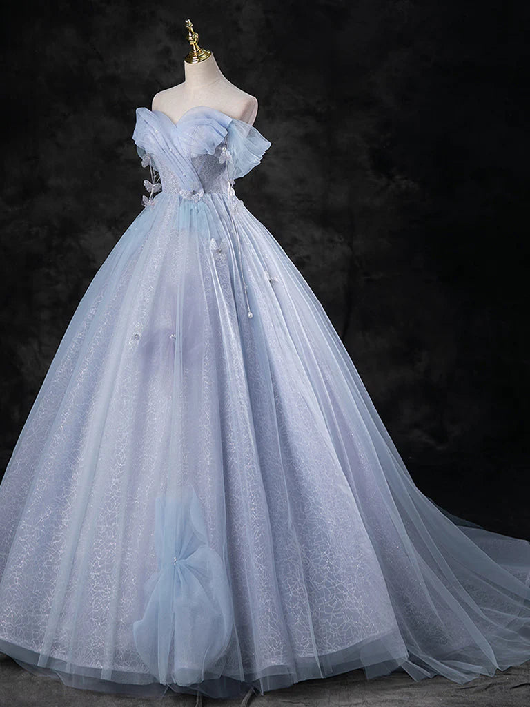 Buyishang Blue A-Line Off Shoulder Tulle Long Prom Dress Blue Formal Dress