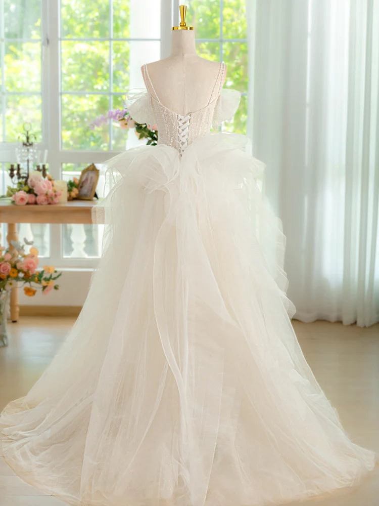 Buyishang Sweetheart Neck Tulle Beads Light Champagne Long Prom Dress Light Champagne Formal Dress