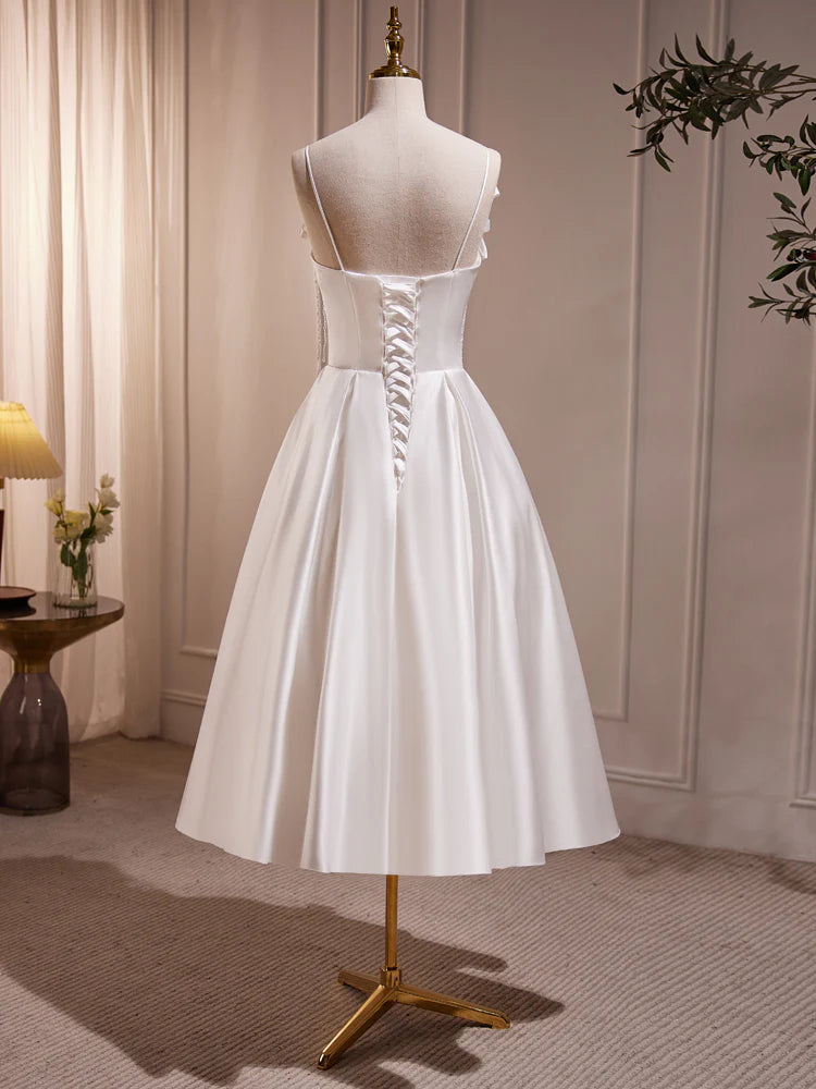 Buyishang White V Neck Satin Tea Length Prom Dress White Formal Dress With Beading
