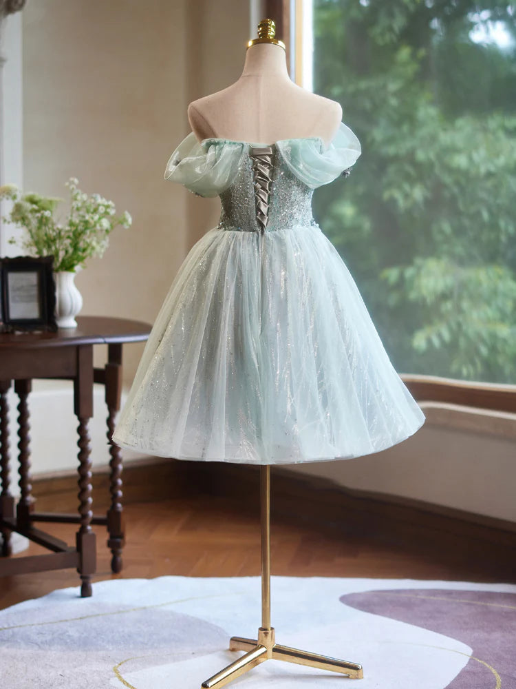 Buyishang A-Line Off Shoulder Tulle Short Prom Dress Green Homecoming Dress
