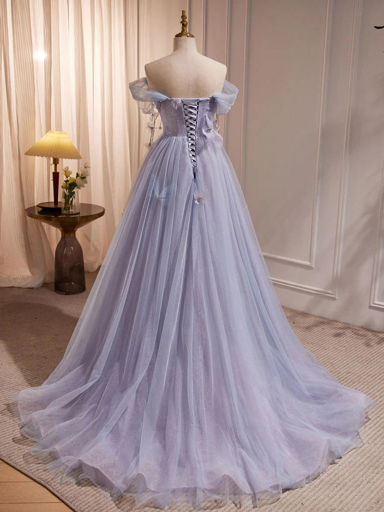 Buyishang A-Line Sweetheart Neck Tulle Purple Long Prom Dress Purple Formal Dress