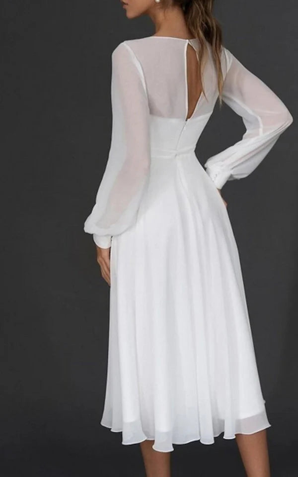 Buyishang A-Line V-neck Chiffon Long Sleeves Zipper Wedding Dress