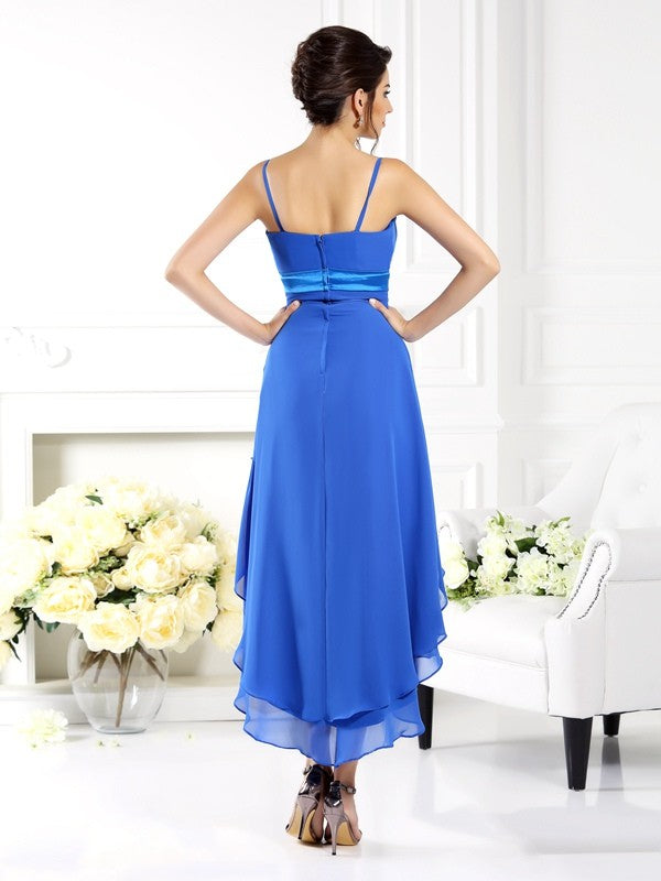 A-Line/Princess Spaghetti Straps Ruffles Sleeveless High Low Chiffon Bridesmaid Dresses