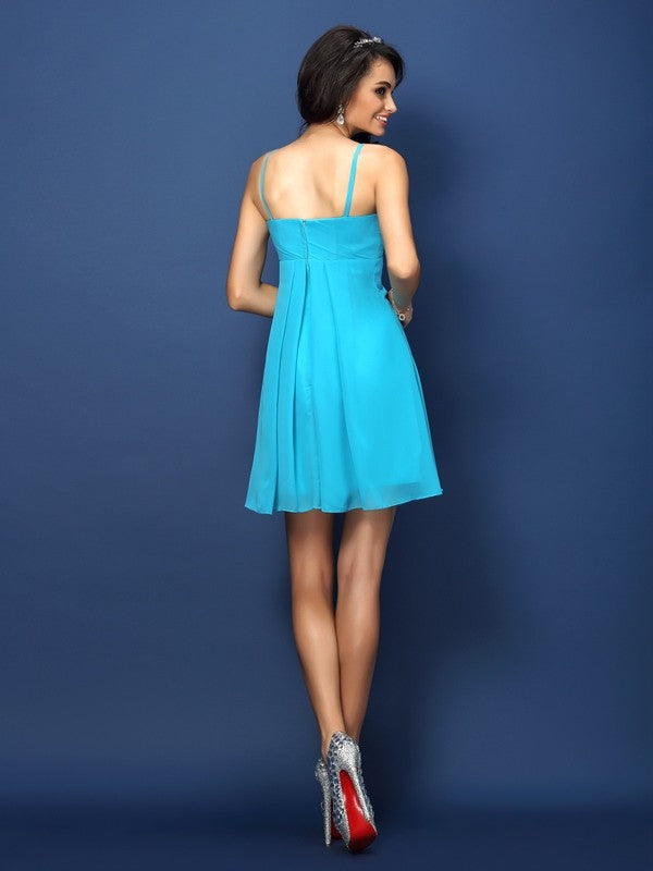 A-Line/Princess Spaghetti Straps Pleats Sleeveless Short Chiffon Bridesmaid Dresses