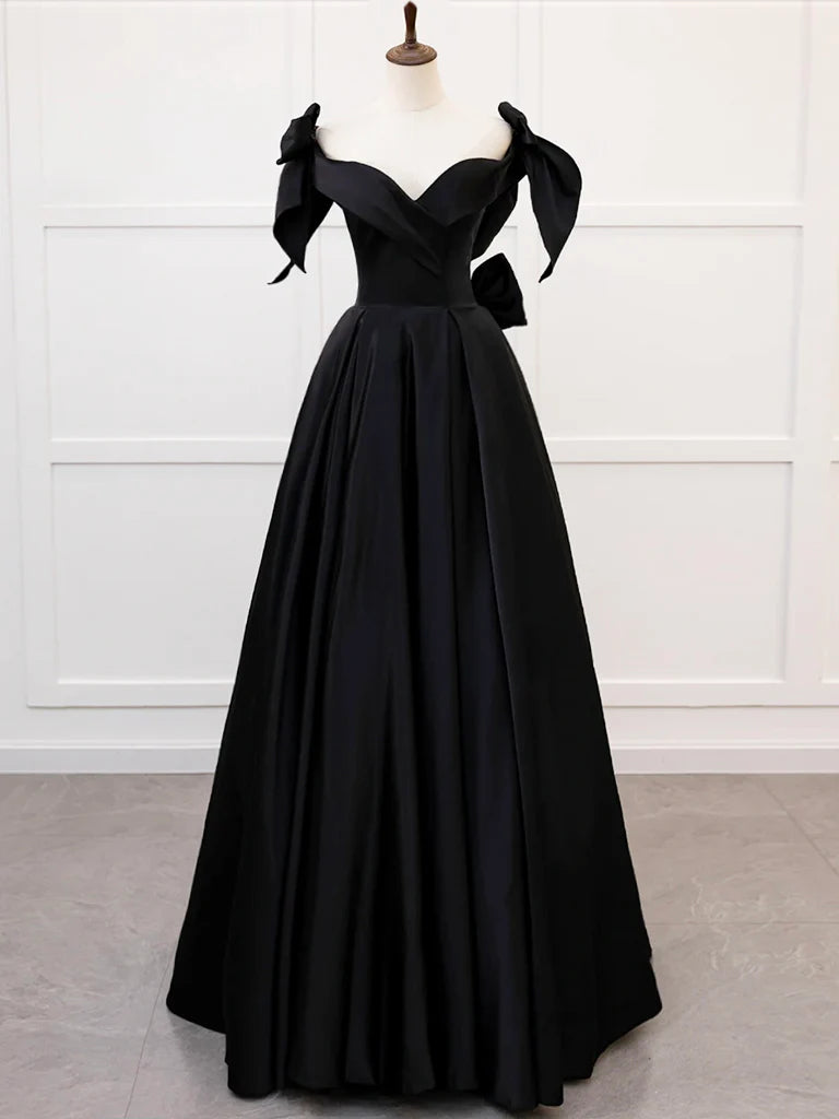Buyishang Simple A-Line Sweetheart neck Satin Black Long Prom Dress Black Long Formal Dress