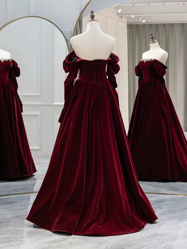 Buyishang A-Line Long Sleeves Velvet Burgundy Long Prom Dress Burgundy Long Evening Dress with Beads