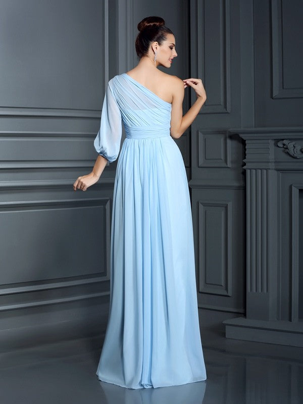 Sheath/Column One-Shoulder 3/4 Sleeves Long Chiffon Bridesmaid Dresses