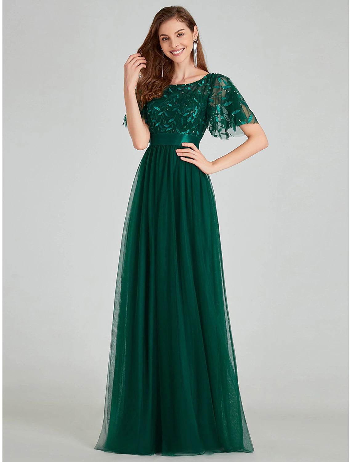 Short Sleeve Pure Color Mesh Print Spring Summer Prom Dress Party  ﻿