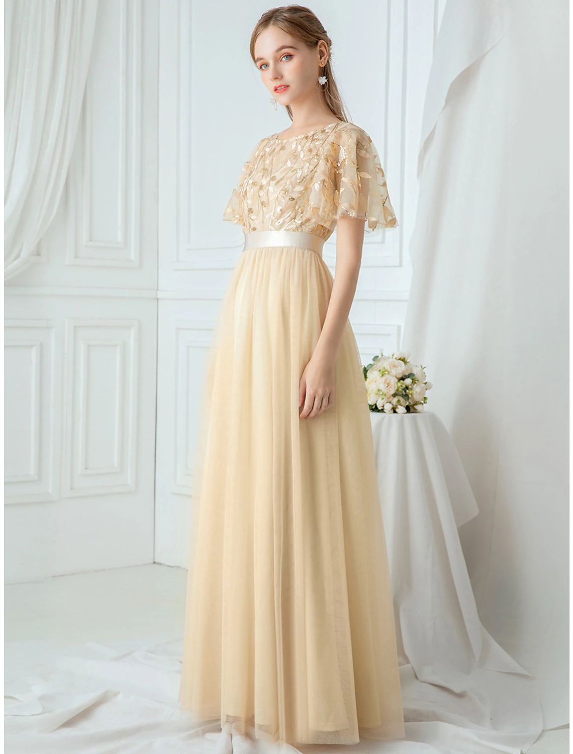 Short Sleeve Pure Color Mesh Print Spring Summer Prom Dress Party  ﻿