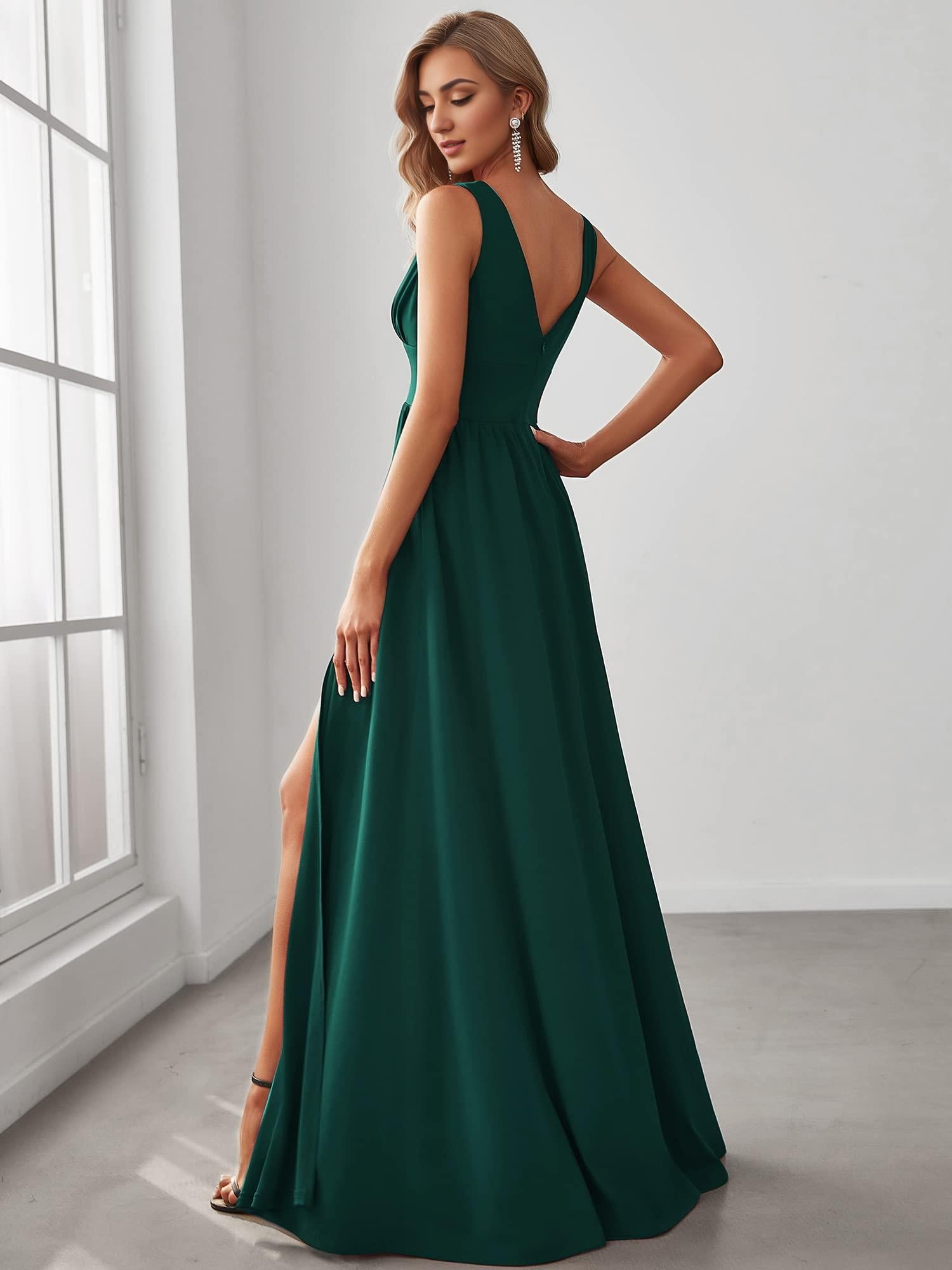 Buyishang Pretty Women's Bridesmaid Dresses Deep V-Neck Sleeveless Side Slit Floor Length Wedding Guest Dress prom shop dresses