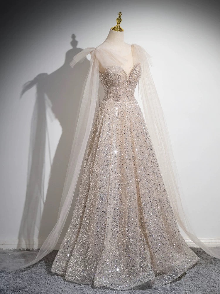 Buyishang A-Line Scoop Neckline Tulle Sequin Champagne Long Prom Dress