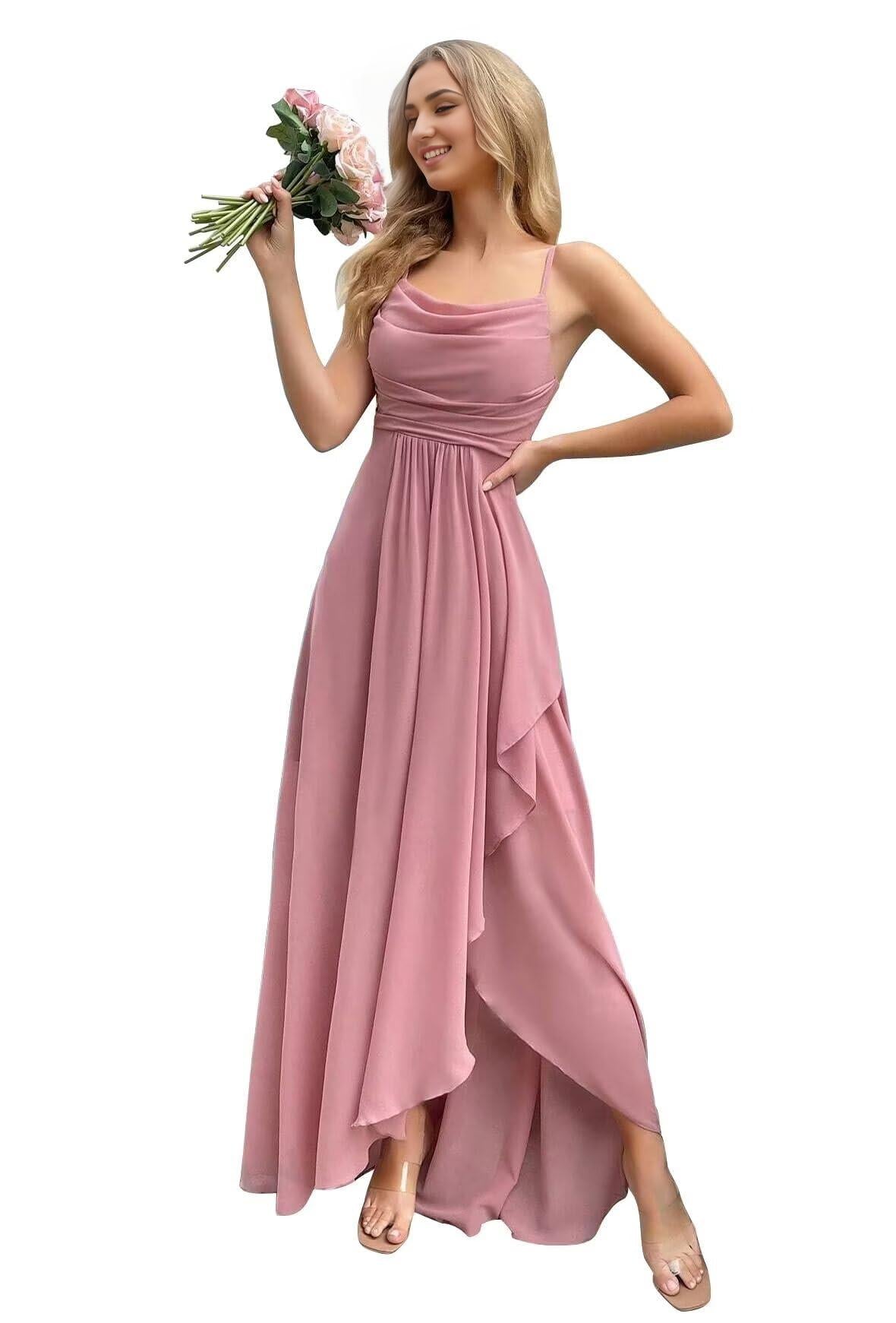 Buyishang Chiffon Bridesmaid Dresses Long for Wedding Women's Cowl Neck Spaghetti Straps Formal Evening Party Gown with Slit prom shop dresses