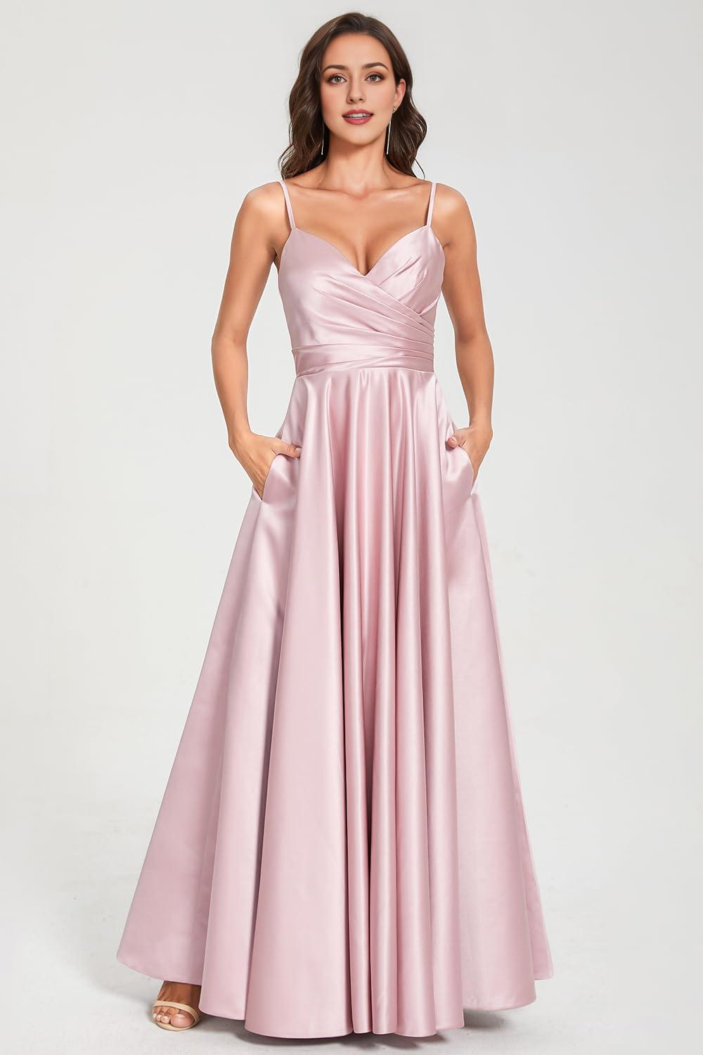 Buyishang Spaghetti V Neck Prom Dresses for Women Long Ball Gown Ruched Satin Evening Party Gown