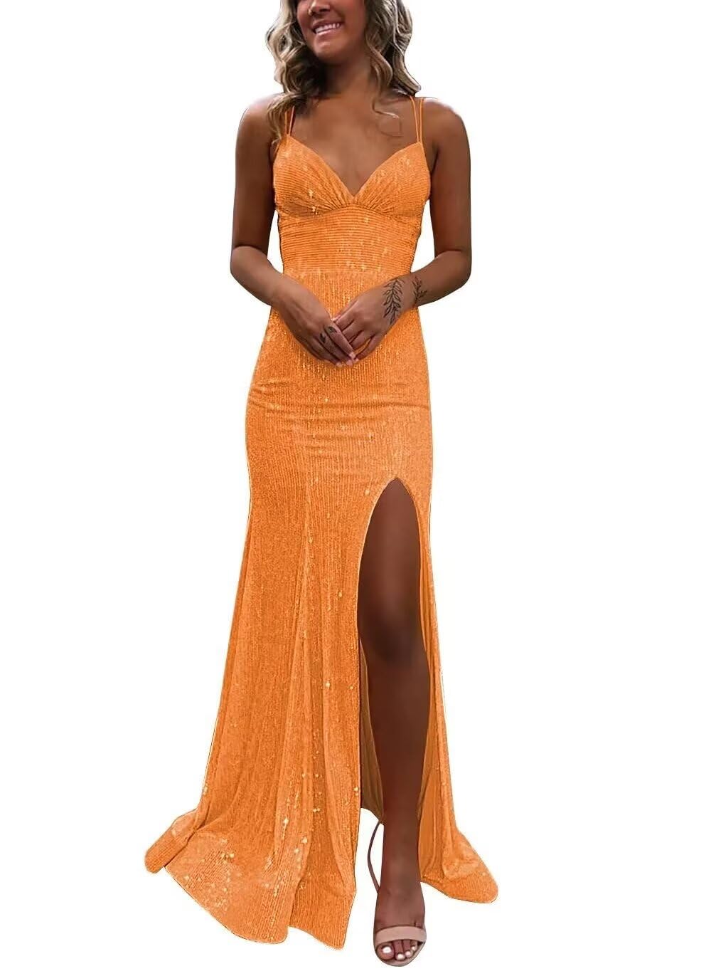 Buyishang Spaghetti Strap Sequin V Neck Mermaid Prom Dress Sparkly Formal Dresses Evening Gowns with Slit prom shop dresses