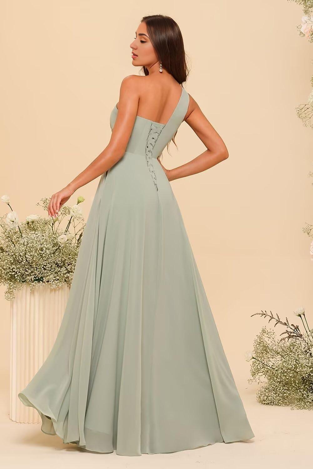 Buyishang Chiffon One Shoulder Bridesmaid Dress with Pleated Bodice Long A Line Formal Dresses for Women prom shop dresses