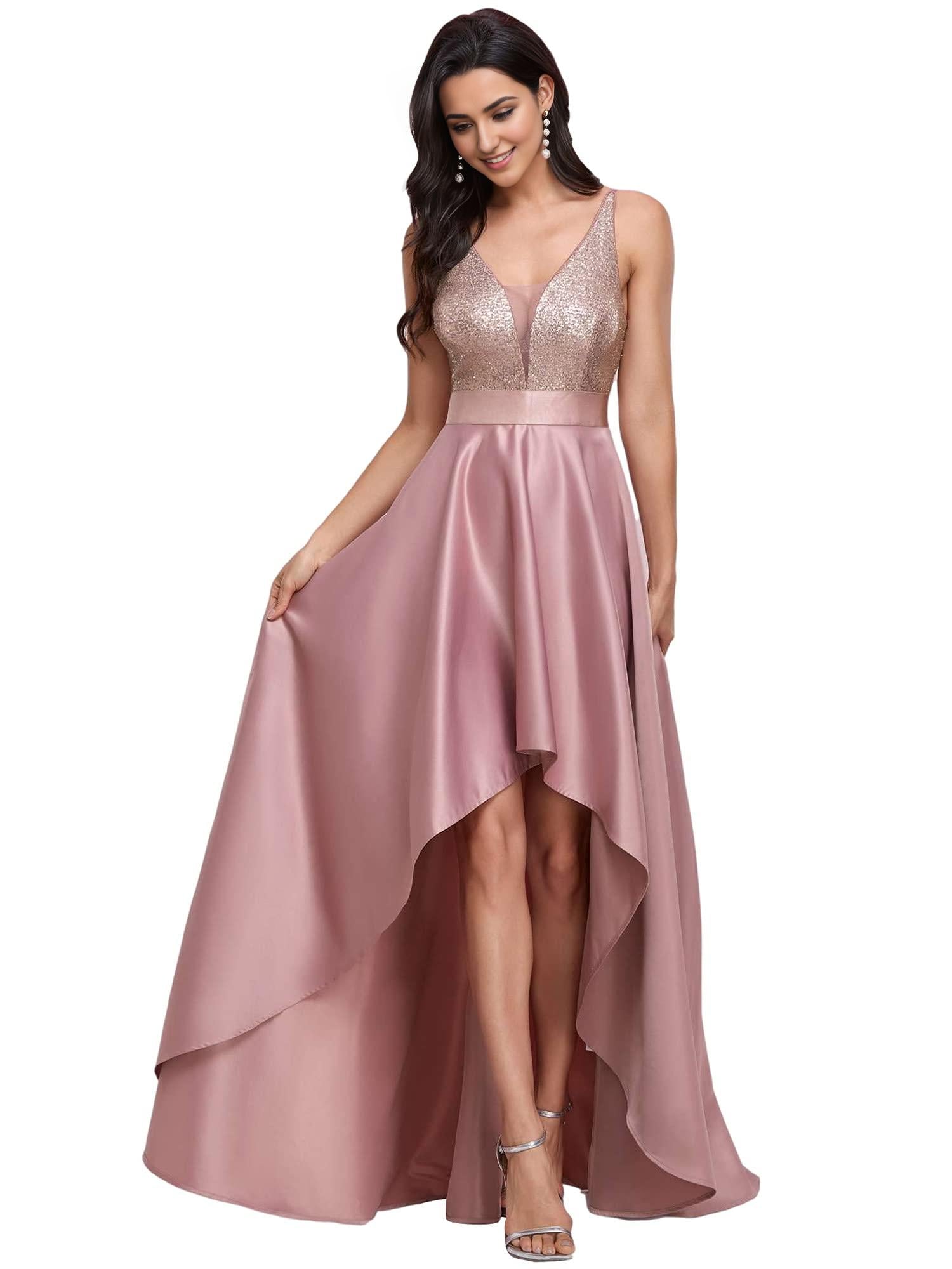 Buyishang Women's Glitter V-Neck A-line High-Low Satin Prom Dress Wedding Guest Dresses for Women prom shop dresses