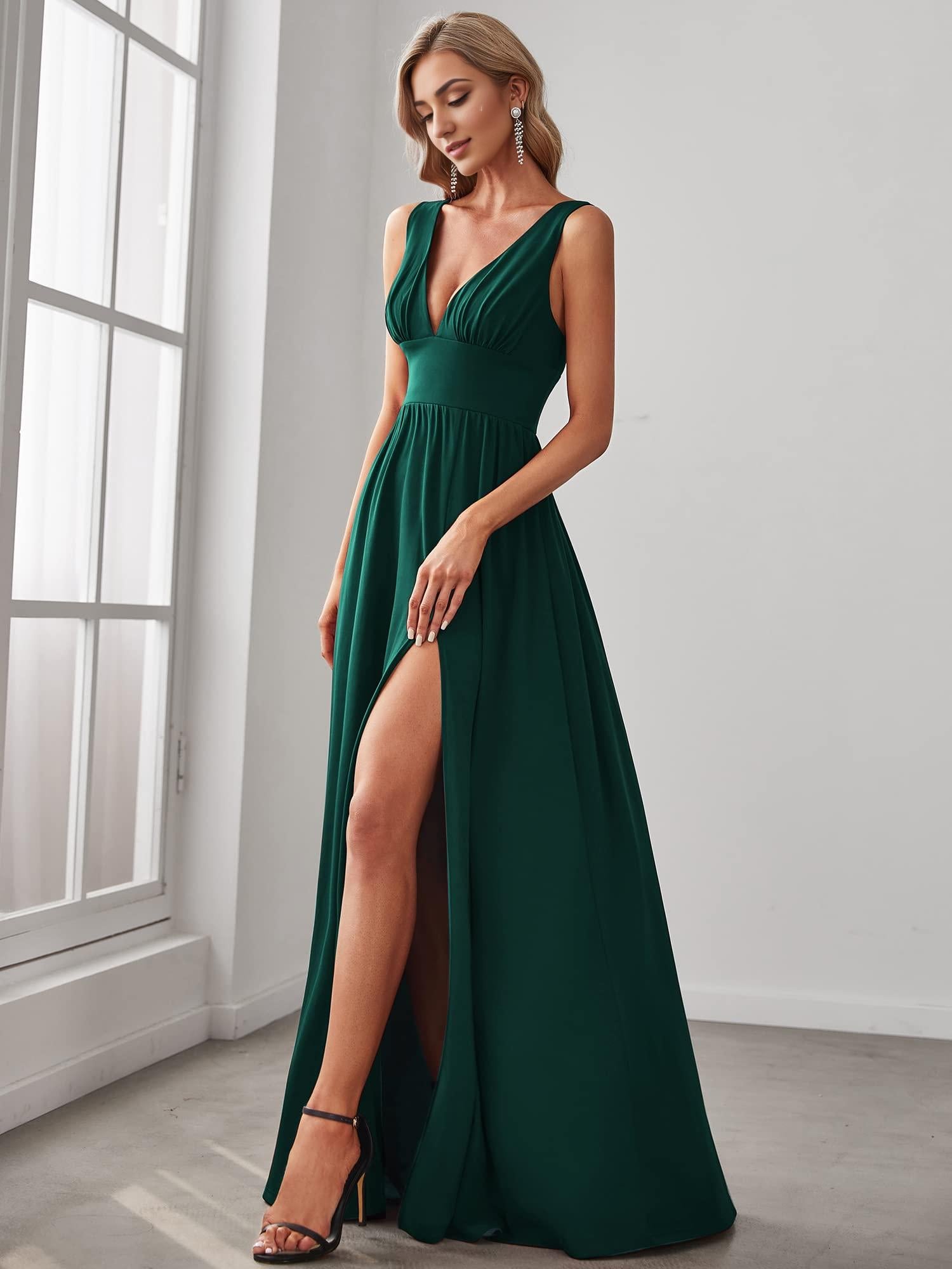 Buyishang Pretty Women's Bridesmaid Dresses Deep V-Neck Sleeveless Side Slit Floor Length Wedding Guest Dress prom shop dresses