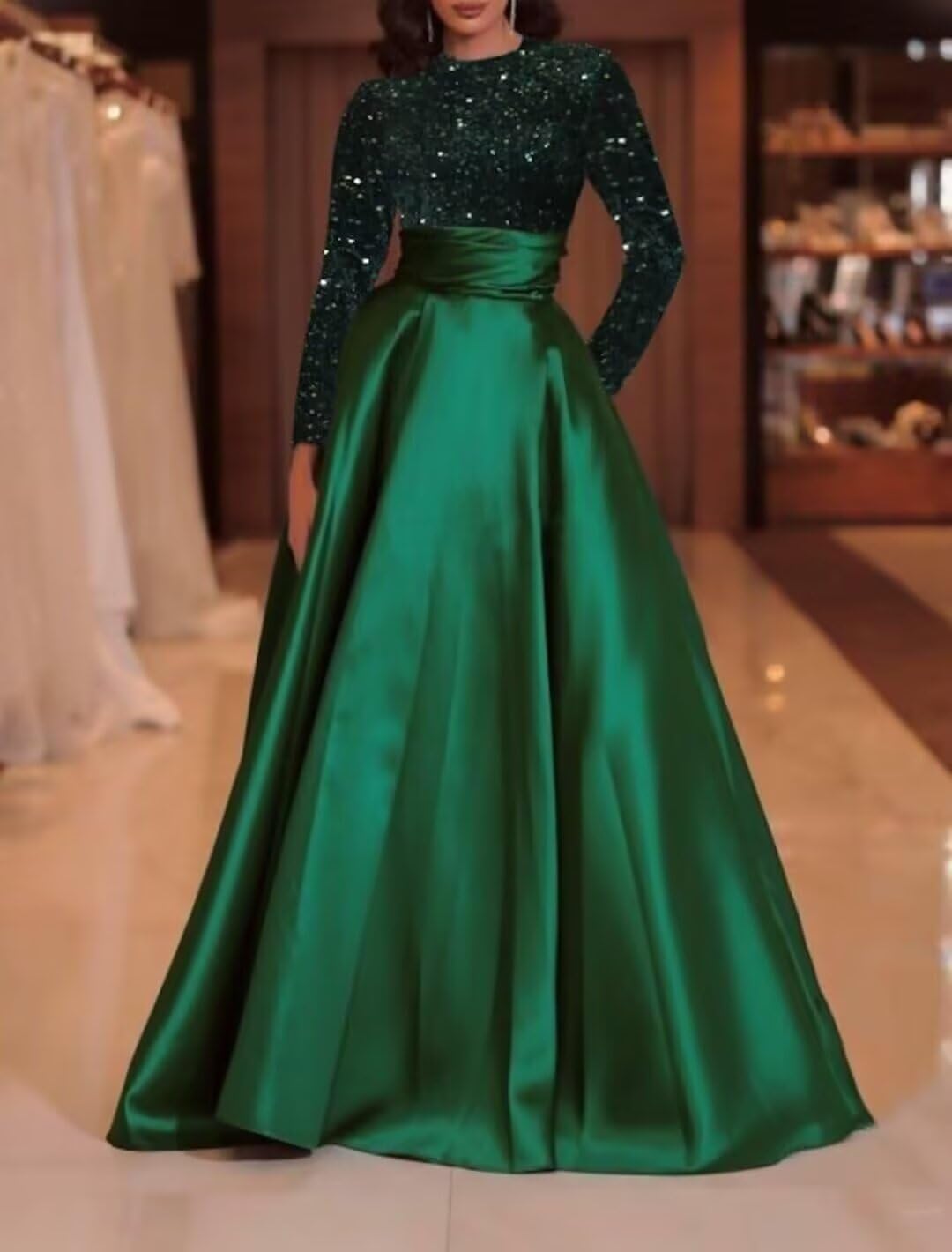 Buyishang Long Sleeve Sequin Prom Dresses for Women Sequin Satin Ball Gown Formal Evening Gowns prom shop dresses