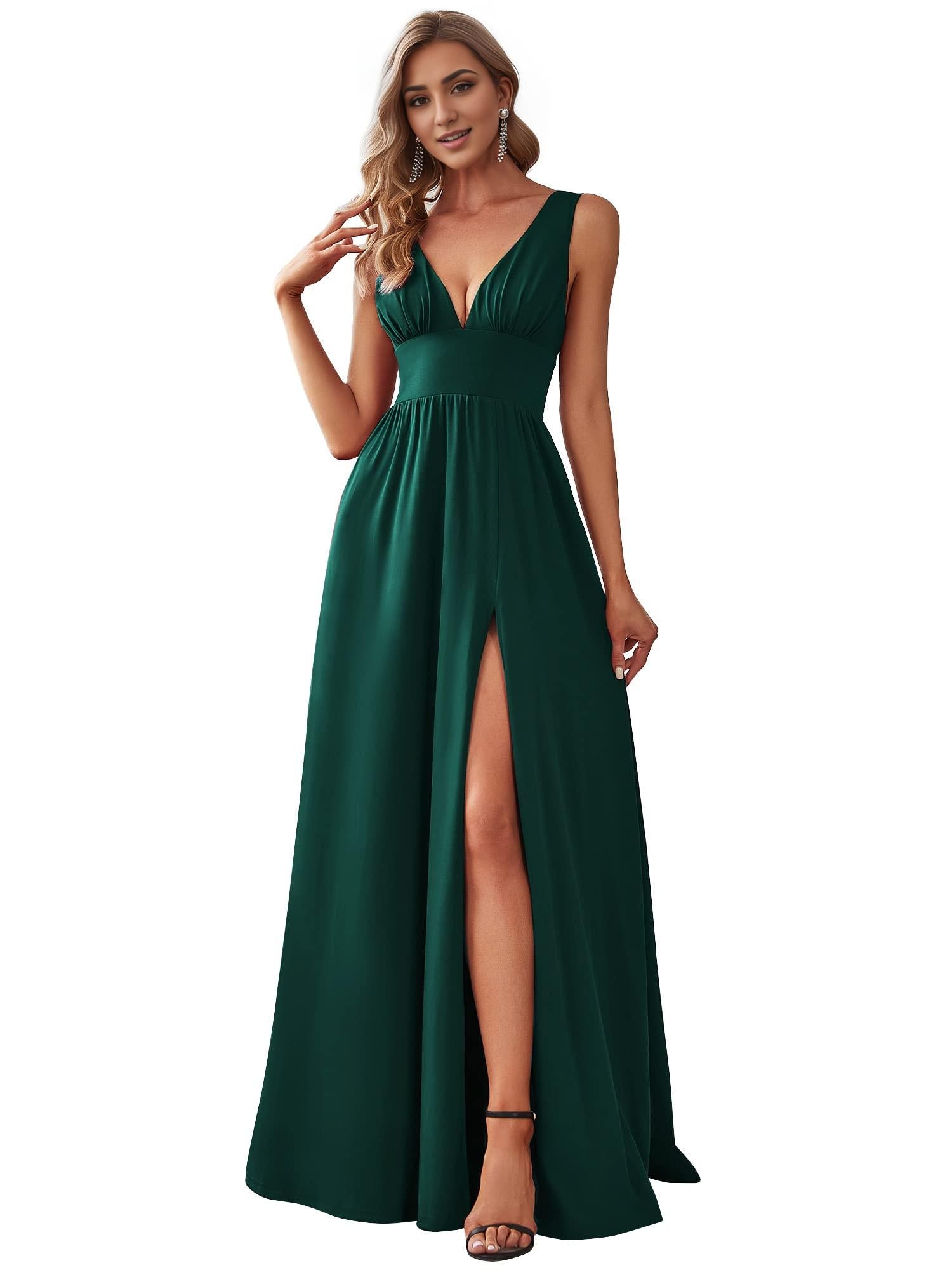 Buyishang Pretty Women's Bridesmaid Dresses Deep V-Neck Sleeveless Side Slit Floor Length Wedding Guest Dress prom shop dresses