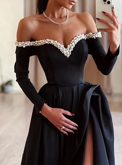 Buyishang A-Line Sexy Evening Dress Formal Prom Dress Sweep/Brush Train Long Sleeve Off Shoulder Satin with Pearls Slit