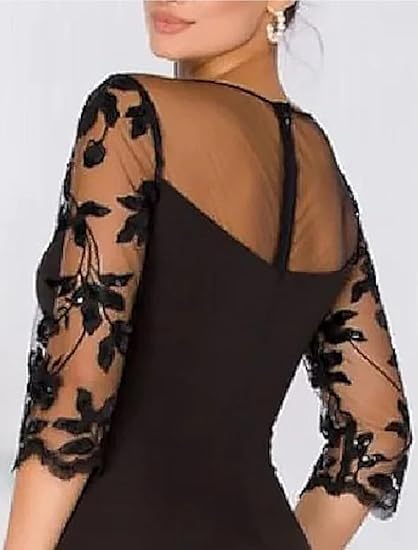 Buyishang A-Line Elegant Wedding Guest Dress Court Train Jewel Neck 3/4 Sleeve Evening Dress with Beading Slit Appliques