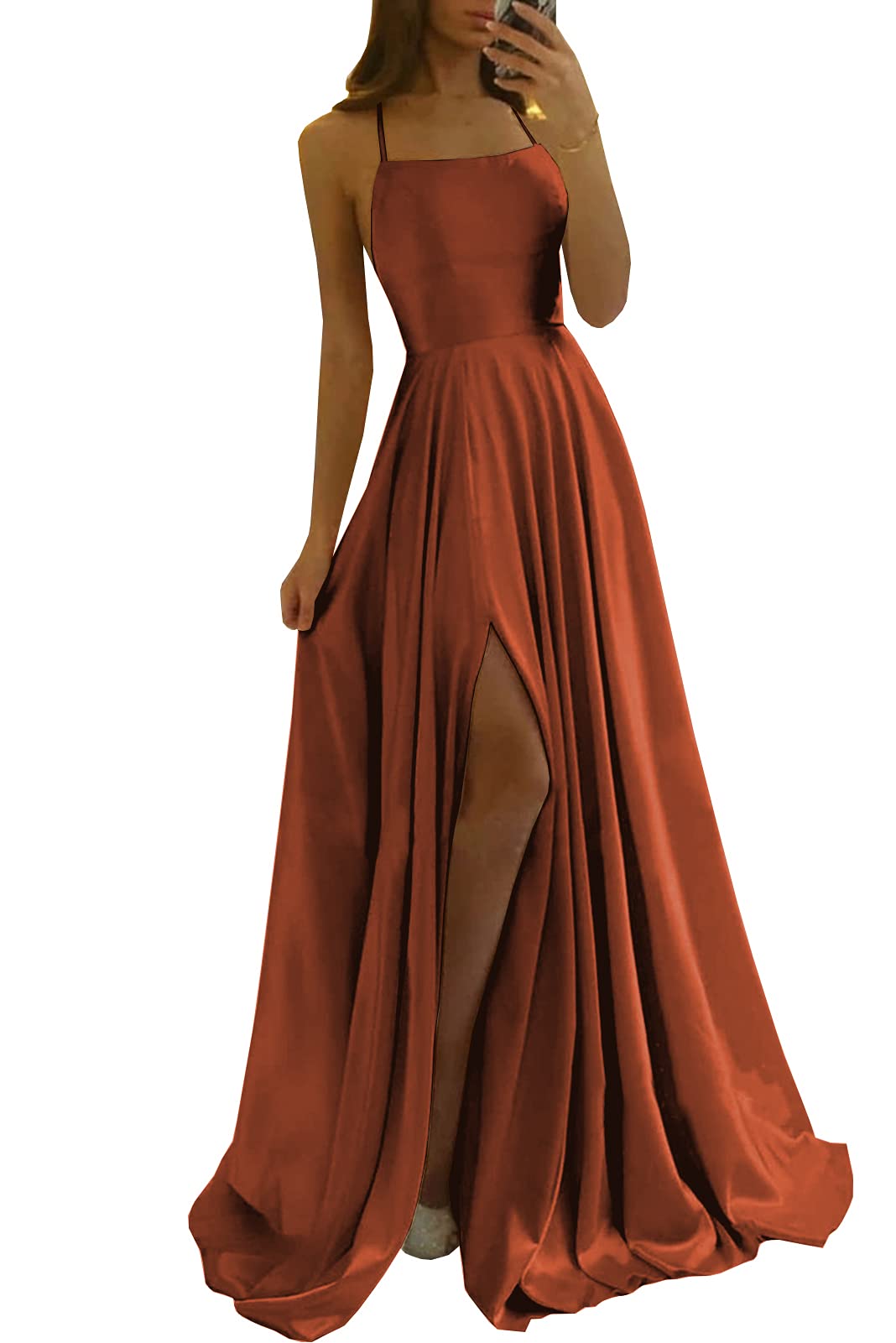 Buyishang Women's Satin Bridesmaid Dresses Long Spaghetti Straps Formal Prom Ball Gown with Slit