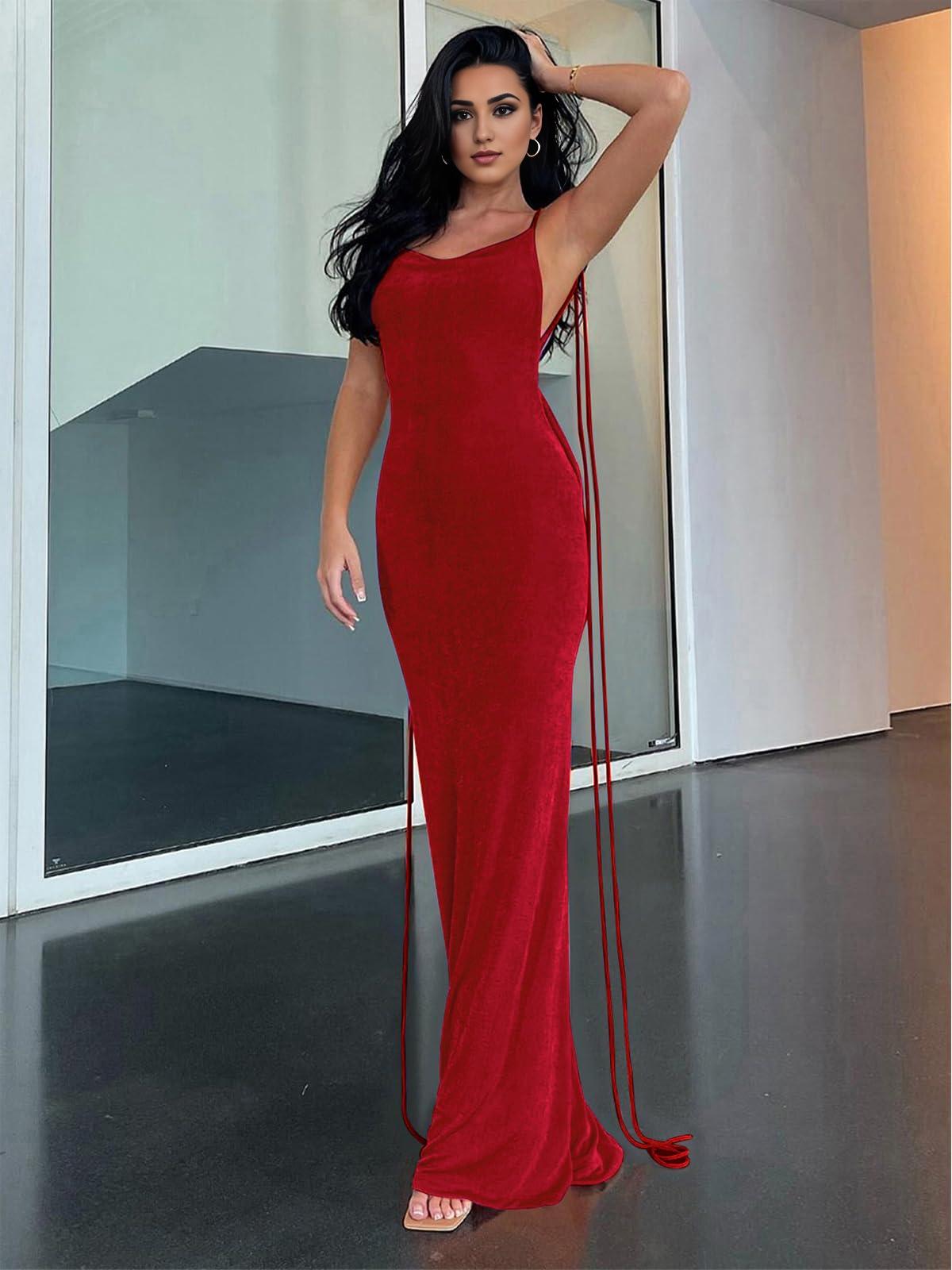 Buyishang Bodycon Dresses for Women Spaghetti Strap Lace Up Backless Cowl Neck Maxi Mermaid Cocktail Party Dress prom shop dresses