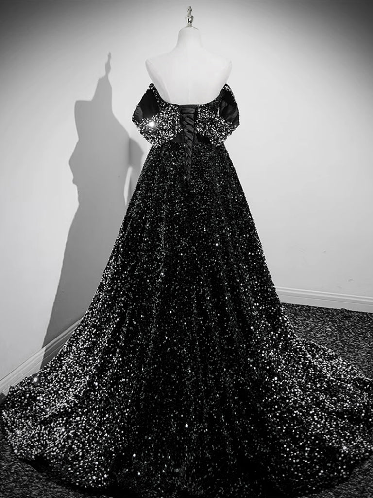 Buyishang A-Line Velvet Sequin Long Black Prom Dress Black Long Evening Dress