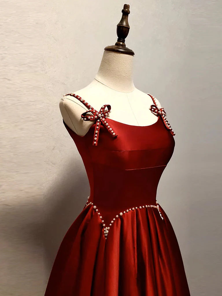 Buyishang A-Line Satin Burgundy Long Prom Dress Burgundy Long Formal Dress