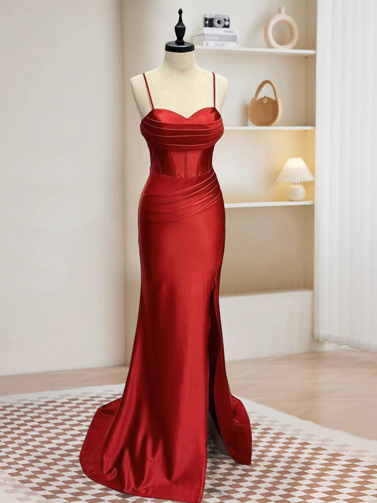 Buyishang Simple Sweetheart Neck Satin Mermaid Burgundy Long Prom Dress Burgundy Evening Dress