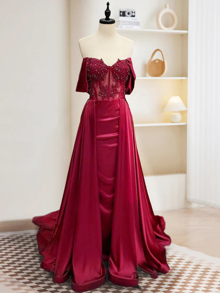 Buyishang Burgundy A-Line Off Shoulder Satin Lace Long Prom Dress Burgundy Long Formal Dress