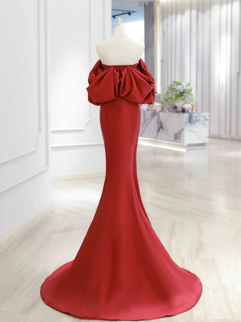 Buyishang Simple Off Shoulder Satin Red Mermaid Long Prom Dress Red Long Formal Dress