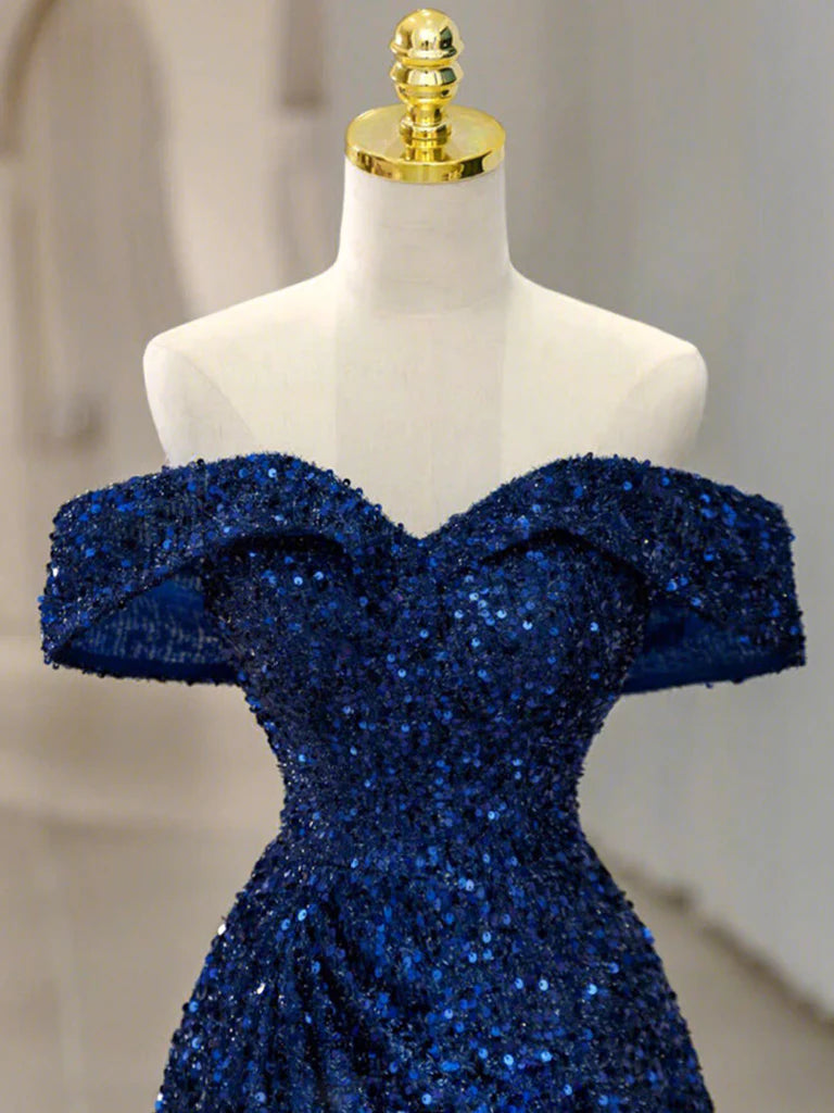 Buyishang Blue Velvet Sequin Long Prom Dress Blue Formal Dress