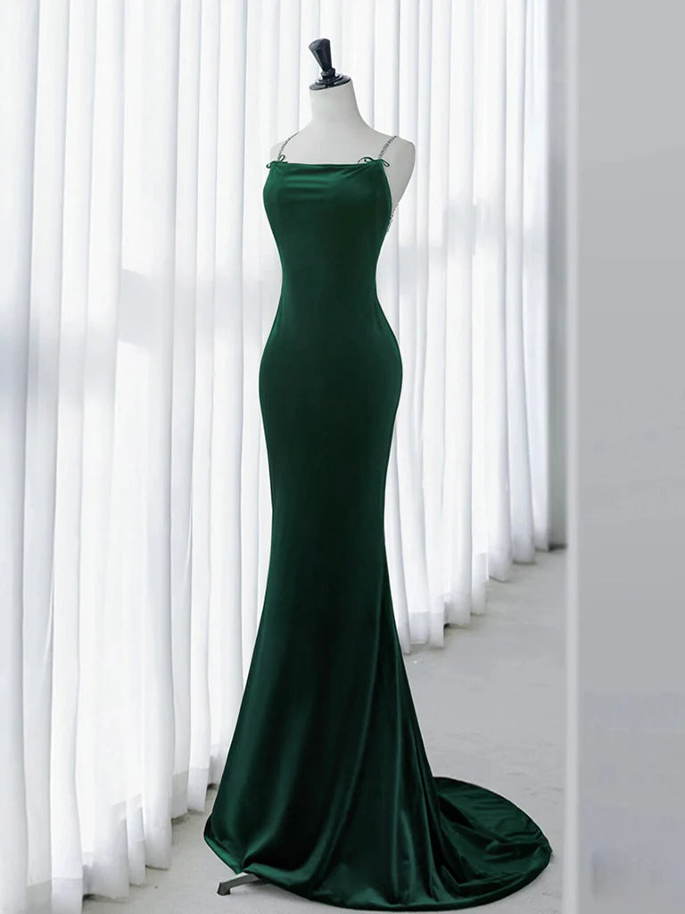 Buyishang Green Mermaid Velvet Long Prom Dress Green Long Evening Dress