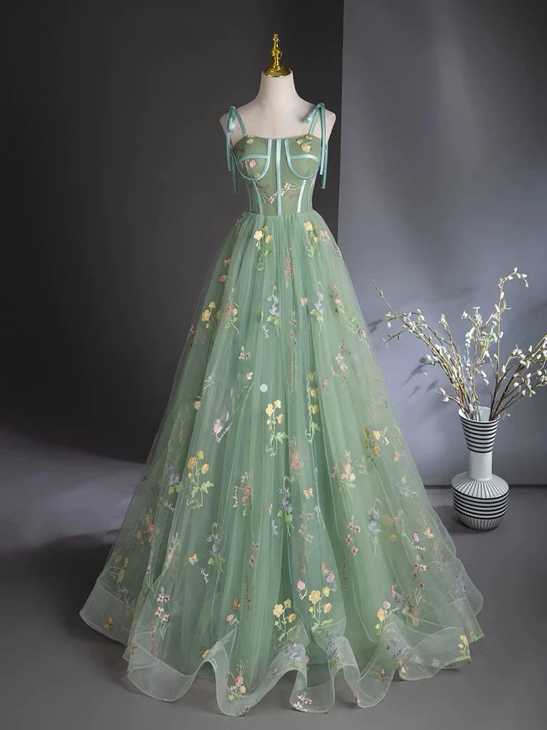 Buyishang A-Line Sweetheart Neck Tulle Lace Green Long Prom Dress