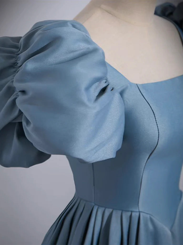 Buyishang A-Line Puff Sleeves Satin Blue Long Prom Dress Blue Long Formal Dress