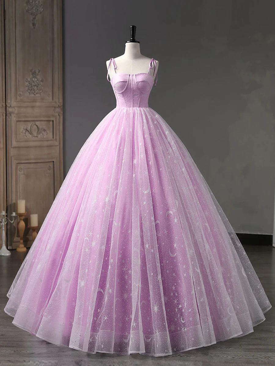 Buyishang Pink A-Line Tulle Long Prom Dress Pink Formal Sweet 16 Dress