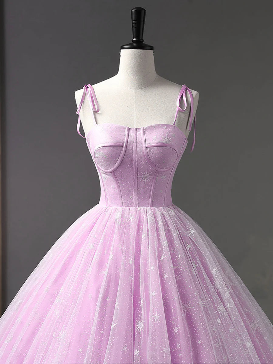 Buyishang Pink A-Line Tulle Long Prom Dress Pink Formal Sweet 16 Dress