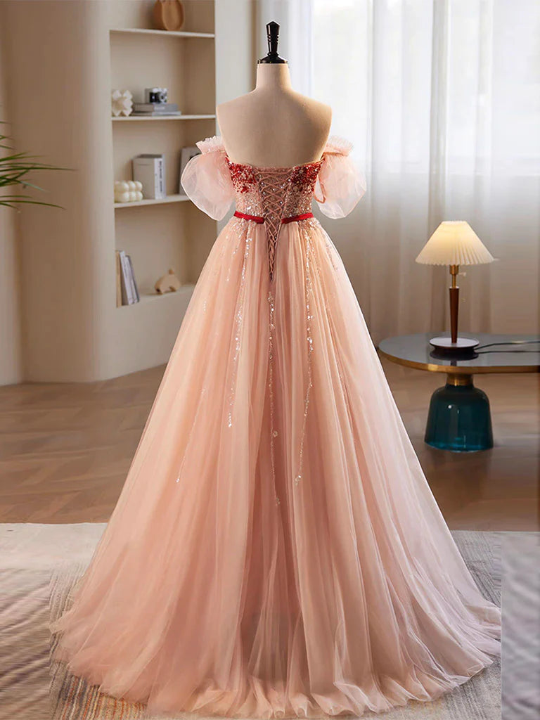 Buyishang A-Line Sweetheart Neck Sequin Tulle Pink Long Prom Dress Pink Formal Dress