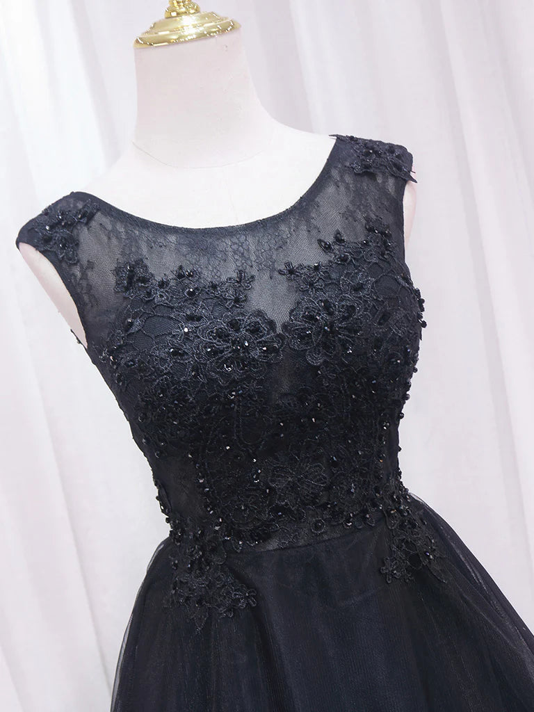 Buyishang A-Line Lace Tulle Black Short Prom Dress High Low Black Homecoming Dress