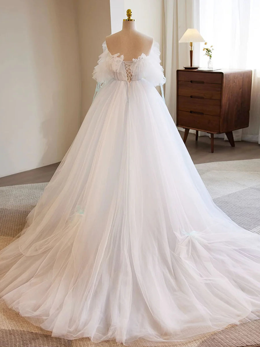Buyishang White A-Line Tulle Long Prom Dress White Formal Dress