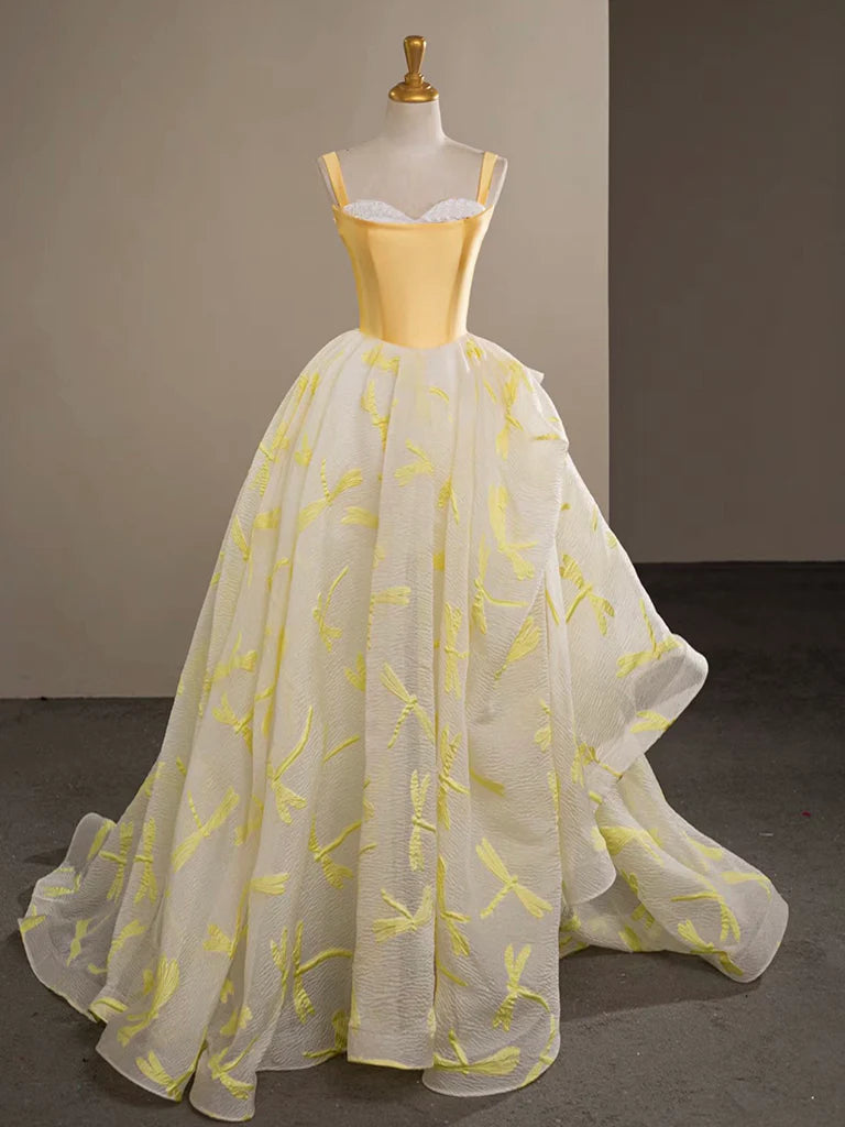 Buyishang A-Line Satin Tulle Yellow Long Prom Dress Yellow Graduation Dress