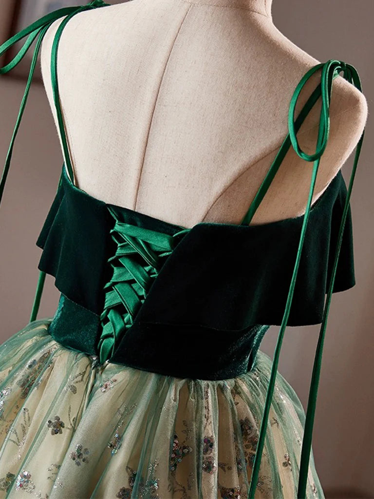 Buyishang A-Line Tulle Sequin Velvet Green Short Prom Dress Green Homecoming Dress