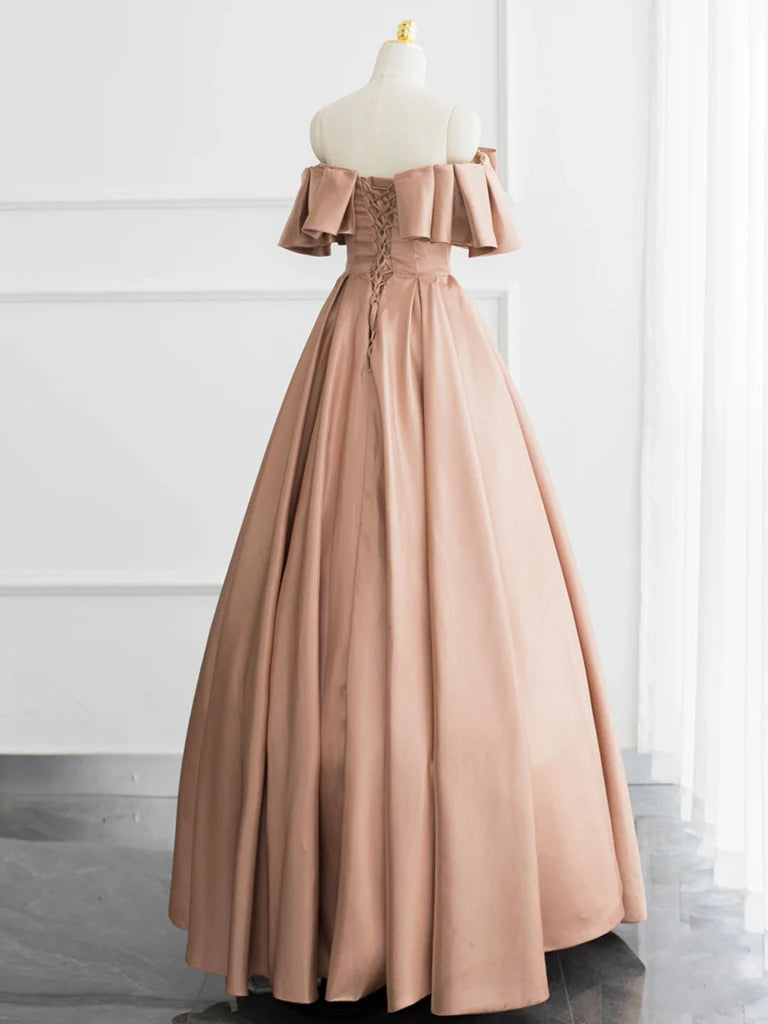 Buyishang Champagne A-Line Off Shoulder Satin Long Prom Dress Champagne Formal Dress