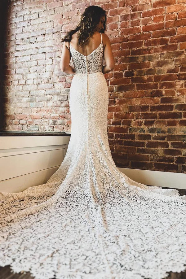Buyishang White Lace Sweetheart Sleeveless Mermaid Long Wedding Dress