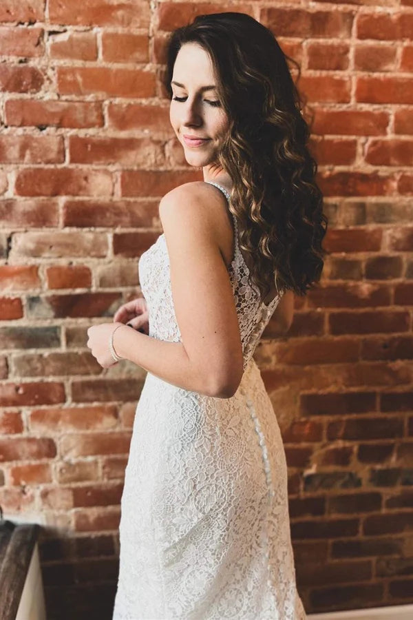 Buyishang White Lace Sweetheart Sleeveless Mermaid Long Wedding Dress