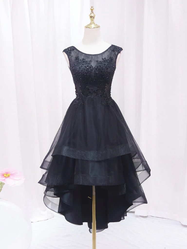 Buyishang A-Line Lace Tulle Black Short Prom Dress High Low Black Homecoming Dress
