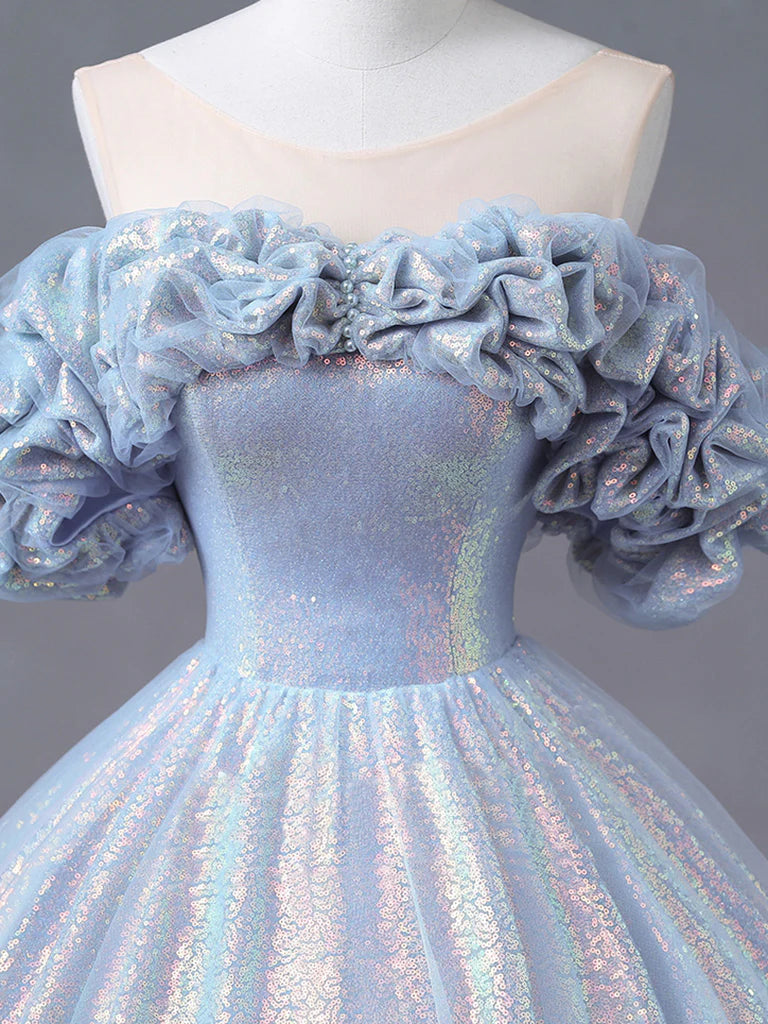 Buyishang A-Line Off Shoulder Tulle Sequin Blue Purple Long Prom Dress Sequin Formal Dress